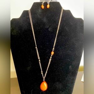 Silver orange long necklace set